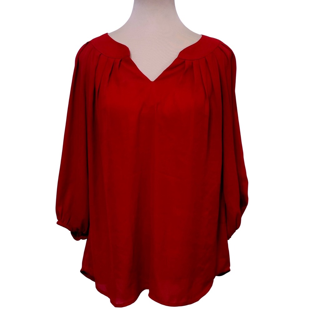 Ezra Women Red Pleated V-Neck Blouse Large Long Sleeve Flowy Top Boho Romantic